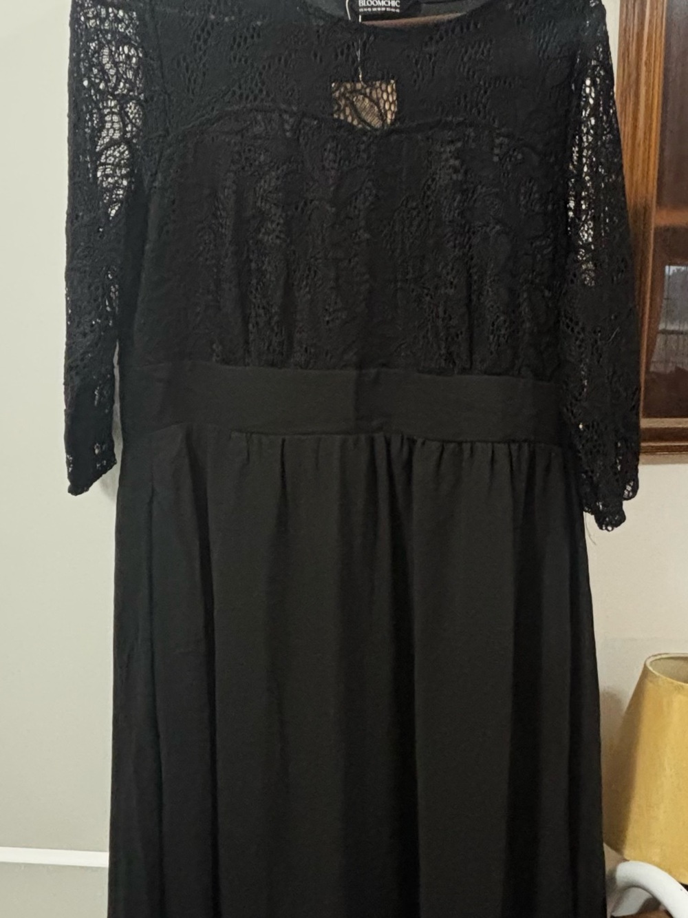 Bloomingdale's Black Lace Panel Long Sleeve Maxi Dress
